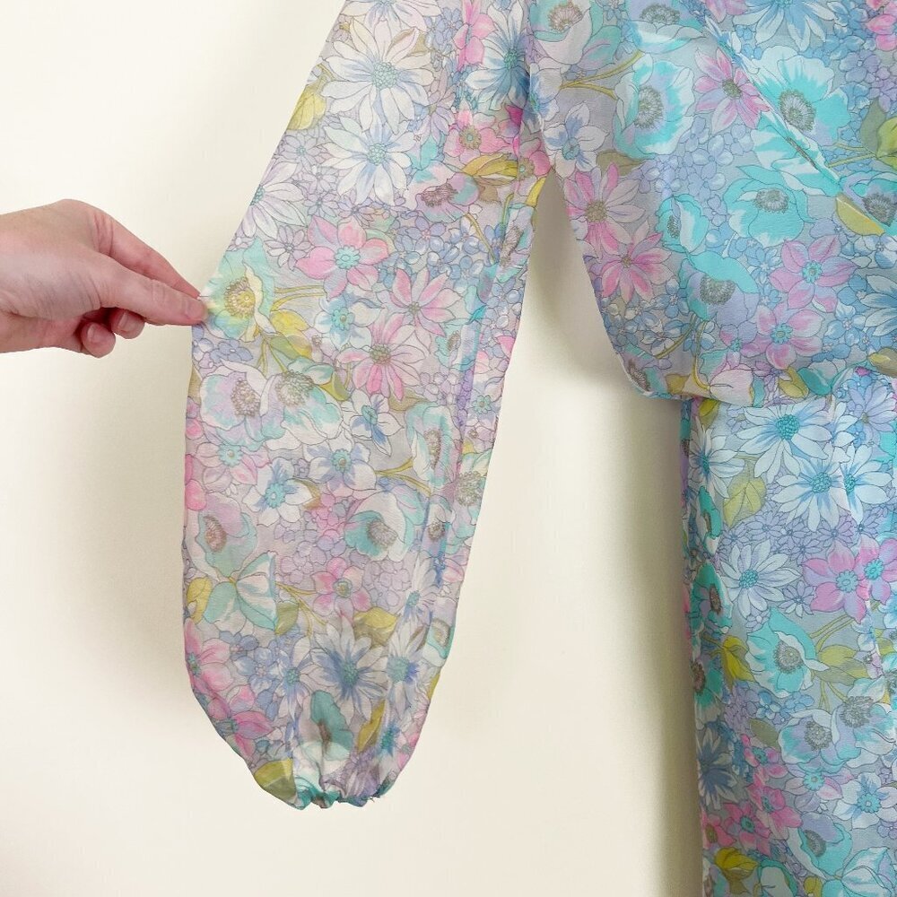 Vintage 70s Handmade Floral Gown Long Poof Puff Sleeve Princess Maxi Dress 1970s - Picture 5 of 8